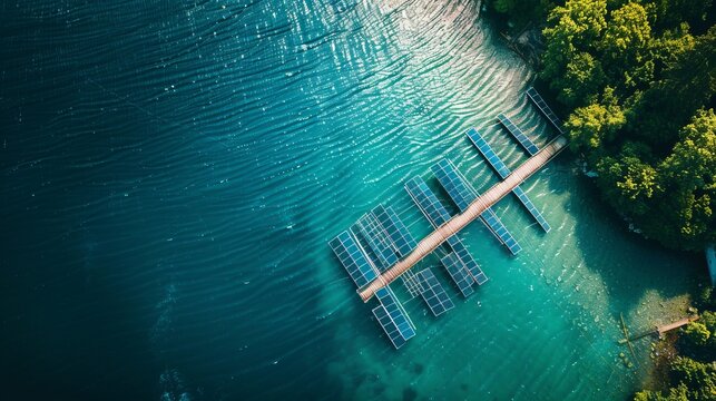Aerial photography of solar photovoltaic panels built on the surface of the water