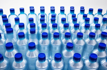 A bunch of bluecapped plastic water bottles on a white background