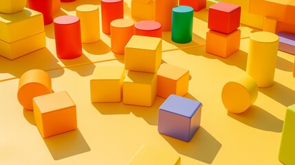 Vibrant baby blocks arranged in a playful formation on a sunny yellow mat, evoking a sense of joy.