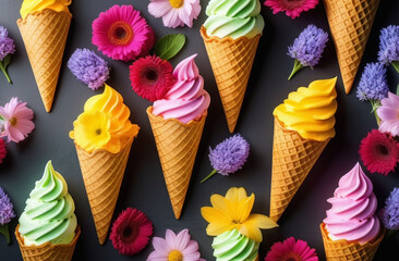 Sweetness of different flavored ice cream cones with flowers on display
