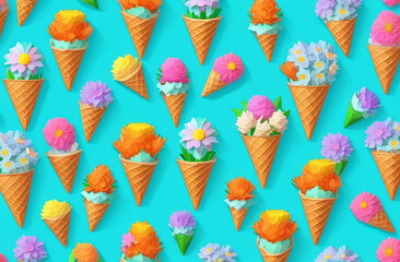 a seamless pattern of ice cream cones decorated with flowers on a blue background