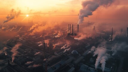 industry metallurgical plant dawn smoke smog emissions bad ecology aerial photography 