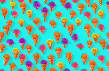 Colorful ice cream cones with flowers on azure background, seamless pattern