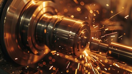 Fototapeta na wymiar metalworking industry: finishing metal working internal steel surface on lathe grinder machine with flying sparks