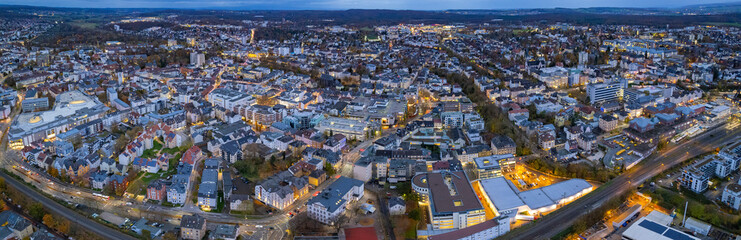 Aerial of the old town around the city Giessen in Germany on a cloudy noon in fall