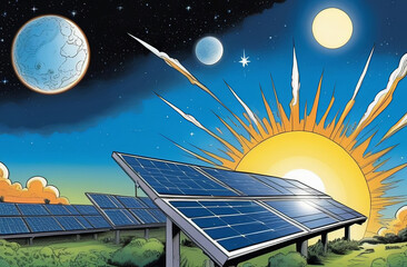 Solar panel under azure sky with sun, moon, and clouds in background