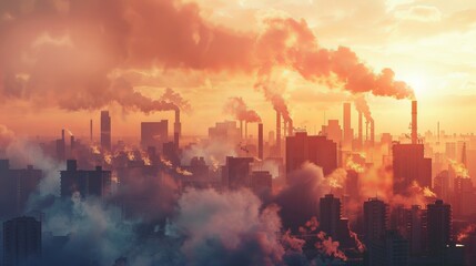 Poor environment in the city. Environmental disaster. Harmful emissions into the environment. Smoke and smog. Pollution of the atmosphere by plants. Exhaust gases.