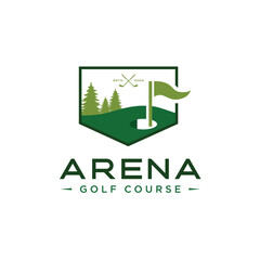 Logo of golf course with landscape view such flah, hole, and tress