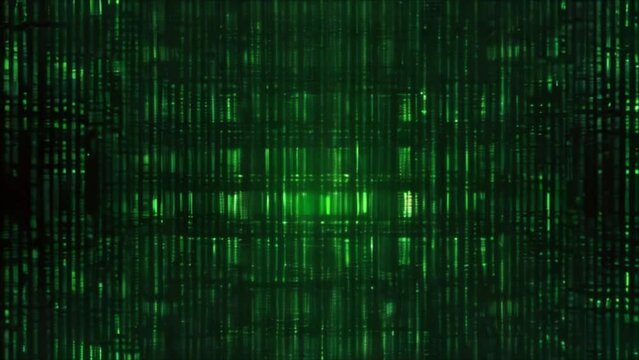 Video, abstract background. Matrix, green neon glowing symbols moving on a dark background. Background for advertising. AI generative.