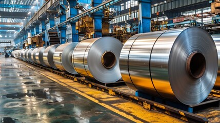 Row of rolls of aluminum lie in production shop of plant - obrazy, fototapety, plakaty