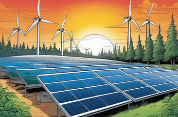 a cartoon illustration of solar panels and wind turbines