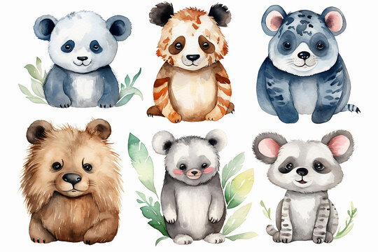 Watercolor animals character collection. Panda, sloth, giraffe, koala, elephant 