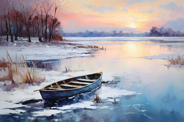 Winter landscape with ice lake and boat colorful painting - obrazy, fototapety, plakaty