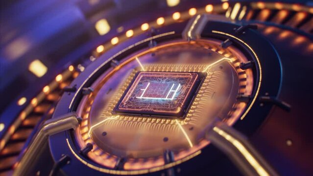 Beautiful Animation of Futuristic Microchip that Activating and Powering up Complex Device. Turbine or Engine Starts and Glows with Orange Light. Advanced Chip inside Powerful High Performance Machine