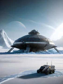 military spaceship landed on frozen alien planet, generative ai illustration