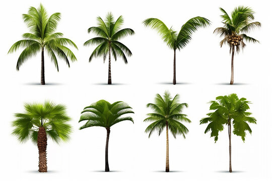 Set of coconut tree isolated on white background used for advertising decorative architecture. Summer and beach concept