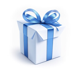 Present Gift Box with Blue Bow isolated on white background. Realistic Photo Clipart for Holiday, anniversary or Illustration of Bonus.