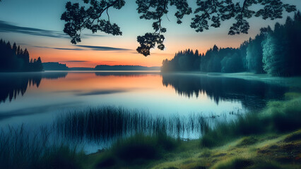 Tranquil Summer Evening: Quiet Lake, Soft Grass, Leafy Trees, Twilight Reflections - obrazy, fototapety, plakaty