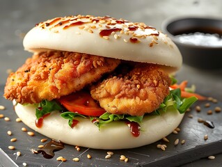 Gua Bao Burger with Crispy Chicken and Red Hot Chili Relish Sauce Buns