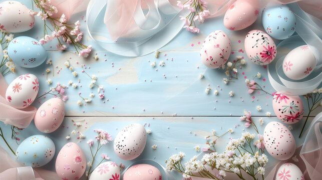 Easter eggs are painted in pastel colors. Light wooden surface with spring flowers and satin ribbons scattered around