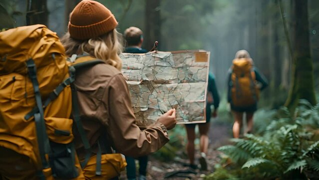 A Photo of a Group of Hikers Consulting a Trail Map in a Forest,generative ai