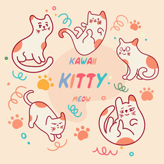 Kawaii Cats vector illustration  Smiling Kitty, cute and round-faced cat