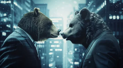 Rolgordijnen Bull versus bear in suits facing each other, trading on stock market, copy space, 16:9 © Christian