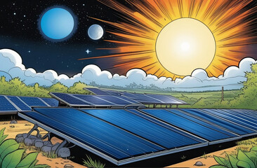A cartoon of solar panels under the sun with clouds in the sky