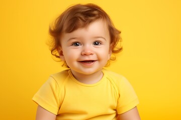 a extremely cute pretty baby sitting agisnt yellow background