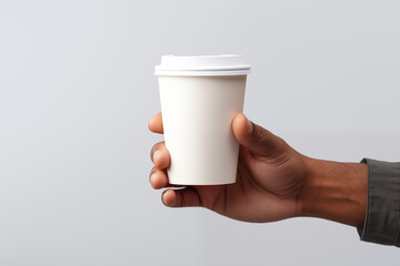 Mockup of a man hand holding a paper cup of coffee isolated on a gray background