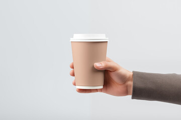 Mockup of a man hand holding a paper cup of coffee closeup, isolated