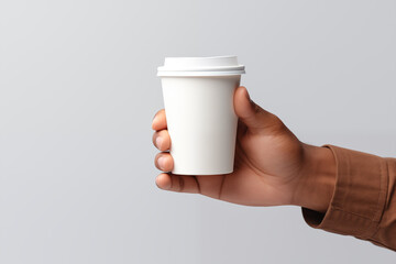 Mockup of a man hand holding a paper cup of coffee isolated
