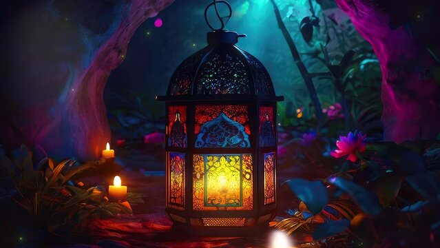 Ramadan lantern shining bright in the colorful night.