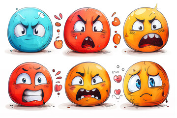 Obraz premium Illustration of colorful cartoon emoticons showcasing a range of emotions: anger, crying, laughter, love, and sadness, against a white background.