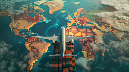 Airplane Ready for Takeoff with Global Map Background
. A commercial airliner on the runway at dusk with a digital world map interface symbolizing global travel and connectivity.
 - obrazy, fototapety, plakaty