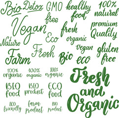 Set of hand drawn lettering with organic food, eco food, fresh, natural, gluten free, bio food. Vector design element - 760456866