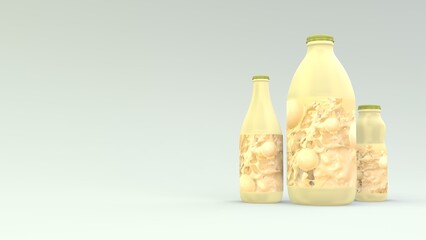 Small, medium and large size stylish juice bottles with colorful labels on white background. 3d rendering.