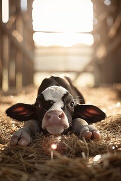  Newborn calf in a shed. A cozy haven for the newborn calf to grow and thrive.
