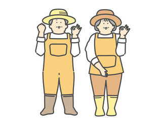 農家で働く笑顔な高齢夫婦　ガッツポーズ　OKポーズ