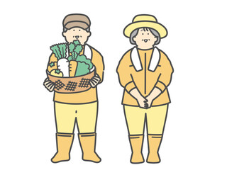 野菜を収穫した高齢夫婦　農家　イラスト