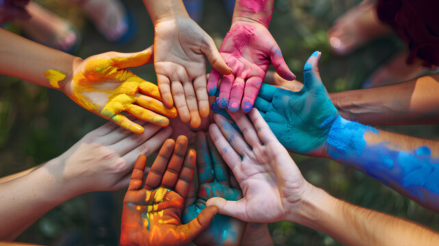 Unity in Diversity: Colorful Hands Together
. Multiple hands covered in vibrant paint come together as a symbol of unity and diversity, celebrating community and creativity.
