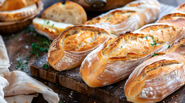 Chopped loaves of freshly baked French baguette bread on wooden table