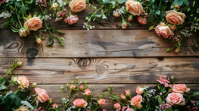 Wedding photo album with flowers on a wooden background