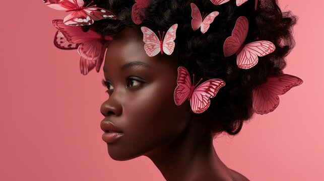 A detailed HD image of an African American girl, her hair adorned with enchanting pink butterflies, set against a professional pink studio background, showcasing the synergy between natural beauty and