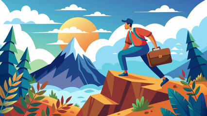A traveler climb a mountain