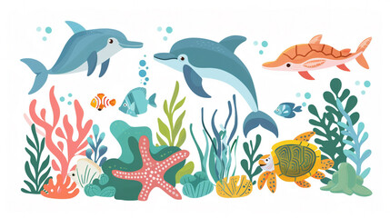 A collection of clipart ocean creatures including dolphins, sea turtles, and colorful fish, swimming in a coral reef.