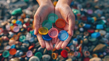 Hands holding a handful of colorful plastic bottle lids. Materials for recycling. Environmental concept. Assorted plastic lids, a step towards a greener future. - obrazy, fototapety, plakaty