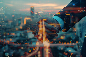 investors businessman handshake double exposure with a city in the evening. High quality photo - obrazy, fototapety, plakaty