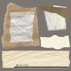 Torn paper pieces set of six pieces. Beige shapes with jagged uneven edges. Ripped different paper fragments collection. Textured grunge element bundle for collage, text box, banner, sticker, poster. - 760459458
