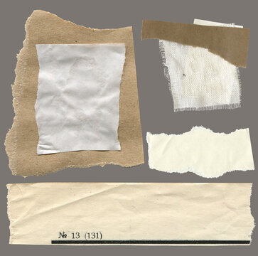Torn paper pieces set of six pieces. Beige shapes with jagged uneven edges. Ripped different paper fragments collection. Textured grunge element bundle for collage, text box, banner, sticker, poster.